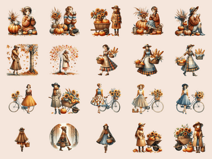 Vintage Autumn Girls Clipart All Bundles Clipart Line Art - WondersArtist