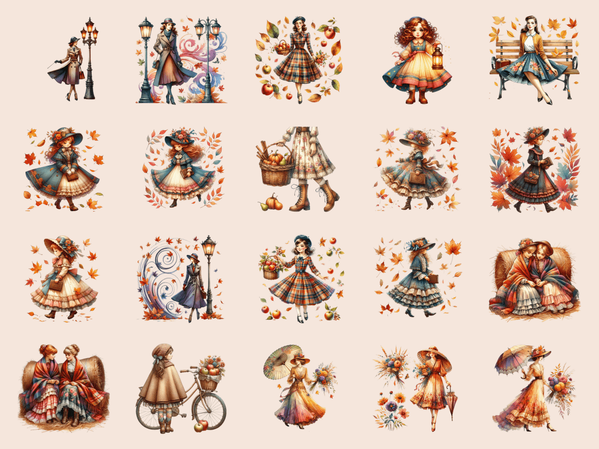 Vintage Autumn Girls Clipart All Bundles Clipart Line Art - WondersArtist