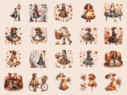 Vintage Autumn Girls Clipart All Bundles Clipart Line Art - WondersArtist