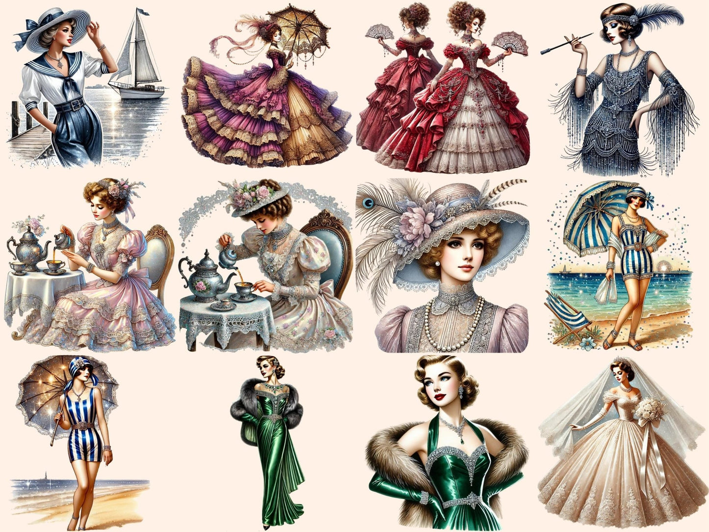 Vintage Ladies Clipart - High - Quality Instant Digital Download for Creative Projects