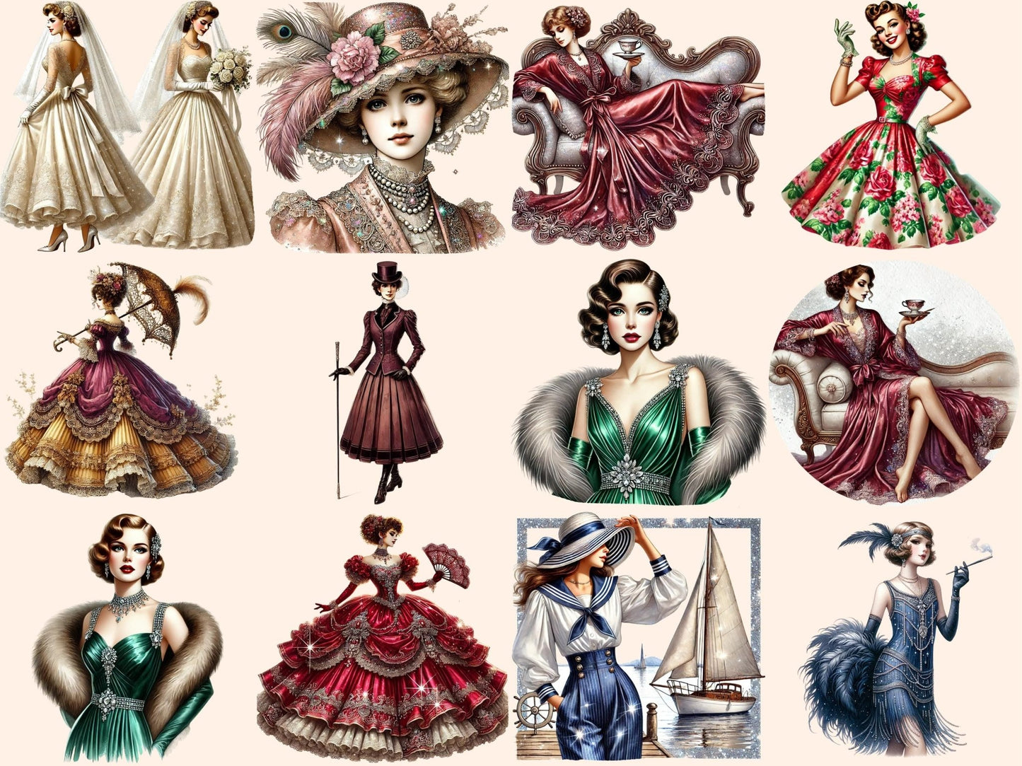 Vintage Ladies Clipart - High - Quality Instant Digital Download for Creative Projects