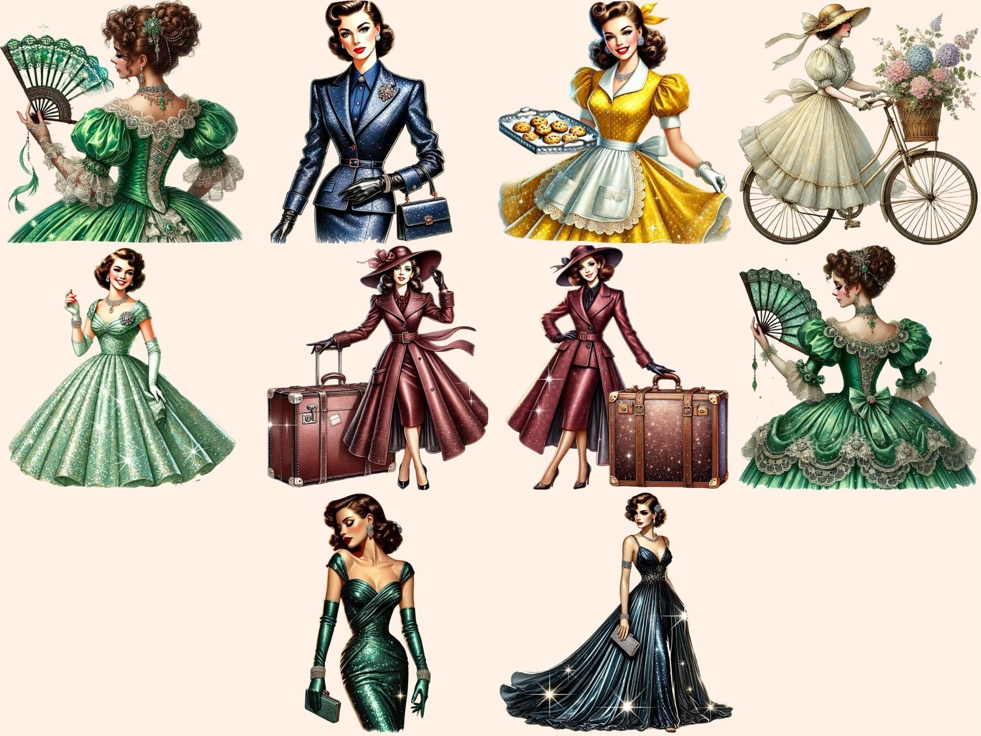 Vintage Ladies (P2) Clipart - High - Quality Instant Digital Download for Creative Projects