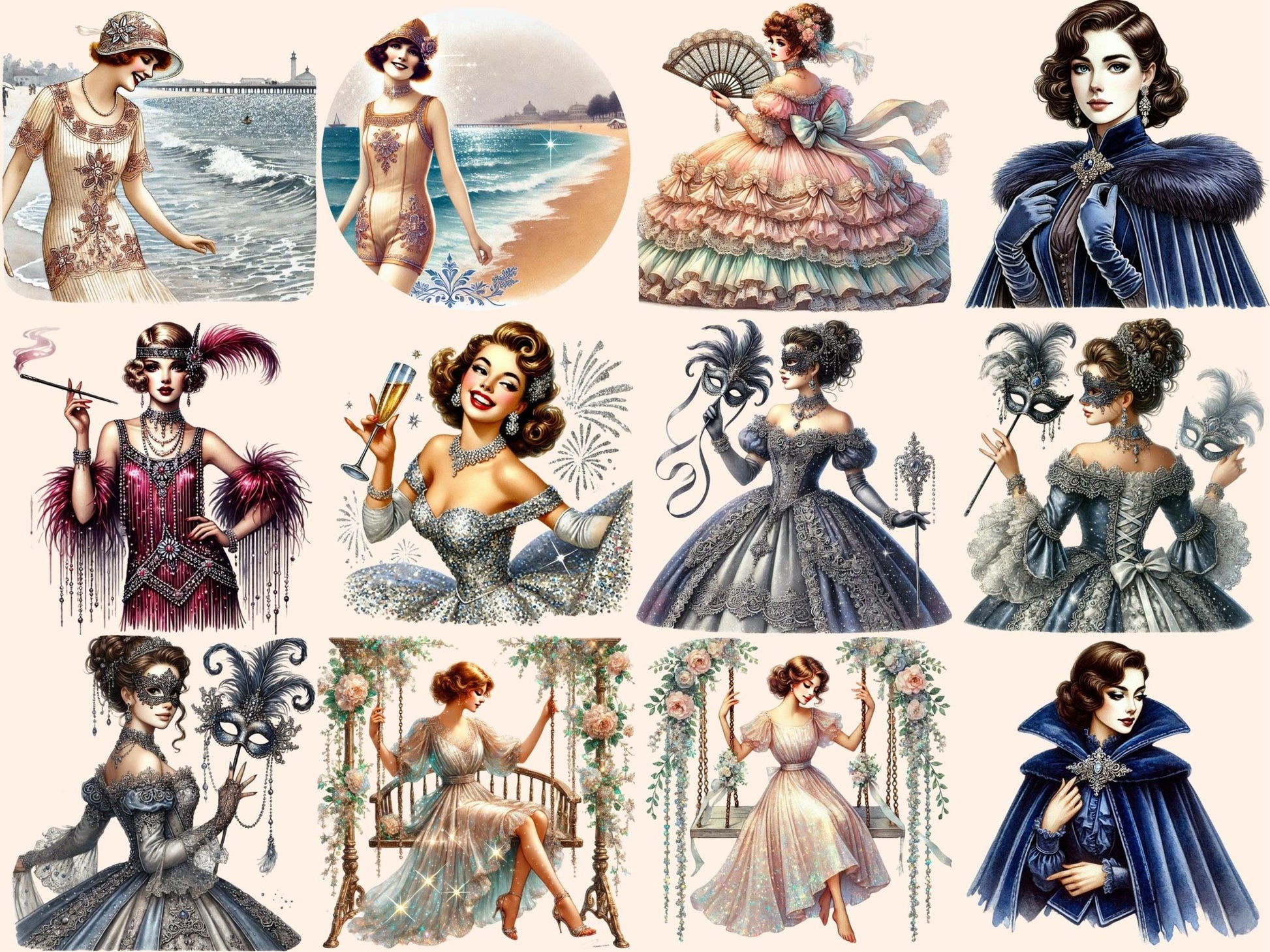 Vintage Ladies (P4) Clipart - High - Quality Instant Digital Download for Creative Projects