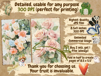 Vintage Roses Journal Pages (P1) Antique Rose Journal - Wonders Artist