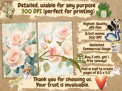 Vintage Roses Journal Pages (P3) Antique Rose Journal - Wonders Artist