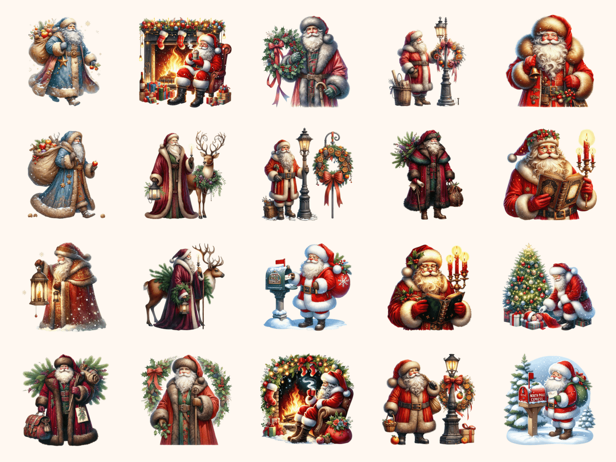 Vintage Santa Clipart All Bundles Clipart Line Art - WondersArtist