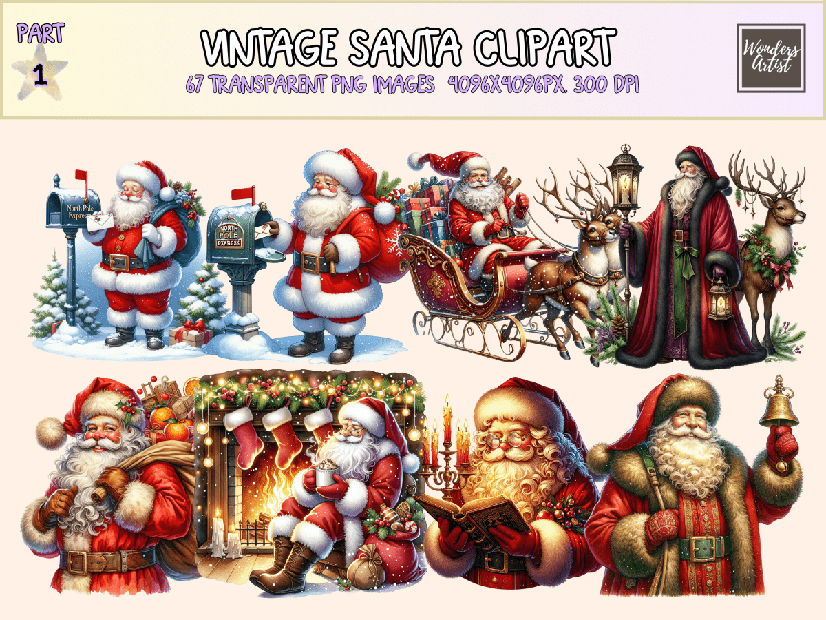 Vintage Santa Clipart All Bundles Clipart Line Art - WondersArtist