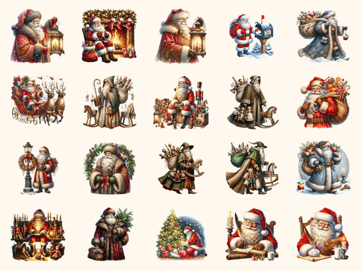 Vintage Santa Clipart All Bundles Clipart Line Art - WondersArtist