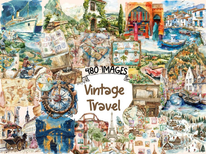 Vintage Travel Watercolor Clipart old travel clipart - Wonders Artist