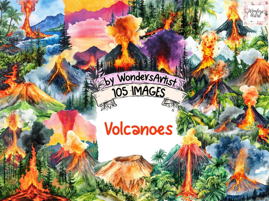 Volcanoes Watercolor Clipart - High - Quality Instant Digital Download for Creative Projects