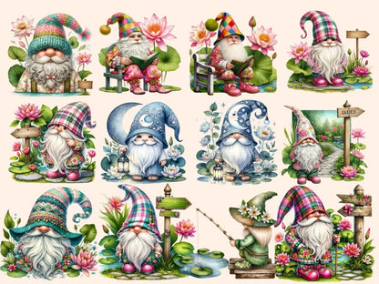 Water Lily Gnomes Clipart - High - Quality Instant Digital Download for Creative Projects