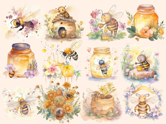 Watercolor Honey Bees Clipart