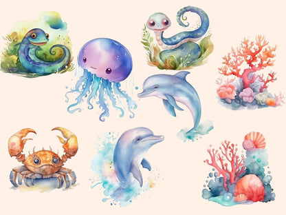 Watercolor Sea Ocean Animals Clipart adorable sea clipart - Wonders Artist