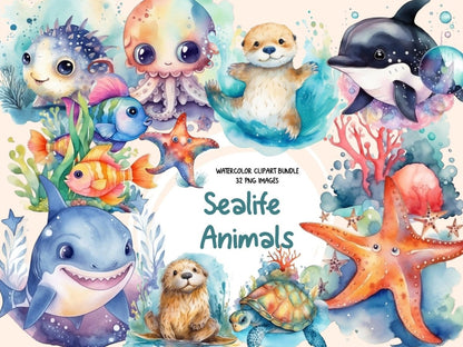 Watercolor Sea Ocean Animals Clipart adorable sea clipart - Wonders Artist