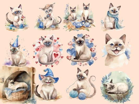 Watercolor Siamese Cats Clipart
