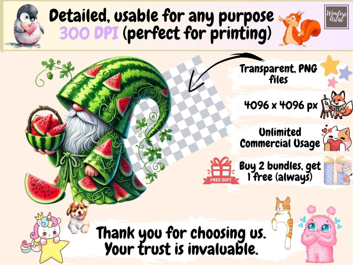 Watermelon Gnomes Clipart cute gnome art - Wonders Artist