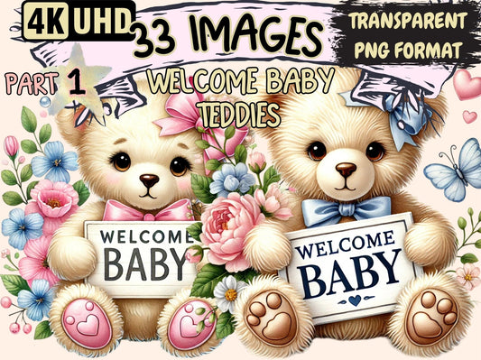 Welcome Baby Teddies Clipart - High - Quality Instant Digital Download for Creative Projects