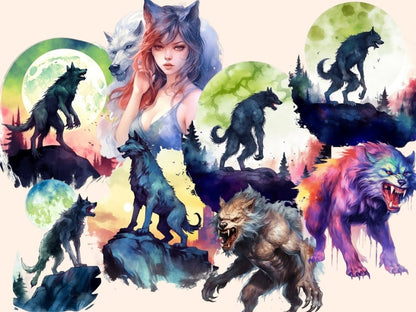 Werewolves Watercolor Clipart fantasy clipart - Wonders Artist