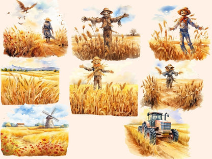 Wheat Fields Watercolor Clipart barn clipart - Wonders Artist