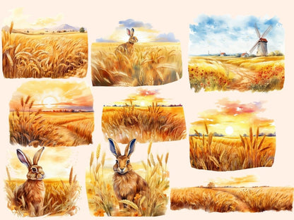Wheat Fields Watercolor Clipart - High - Quality Instant Digital Download for Creative Projects