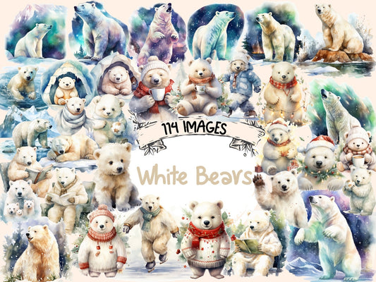 White Bears Watercolor Clipart - High - Quality Instant Digital Download for Creative Projects