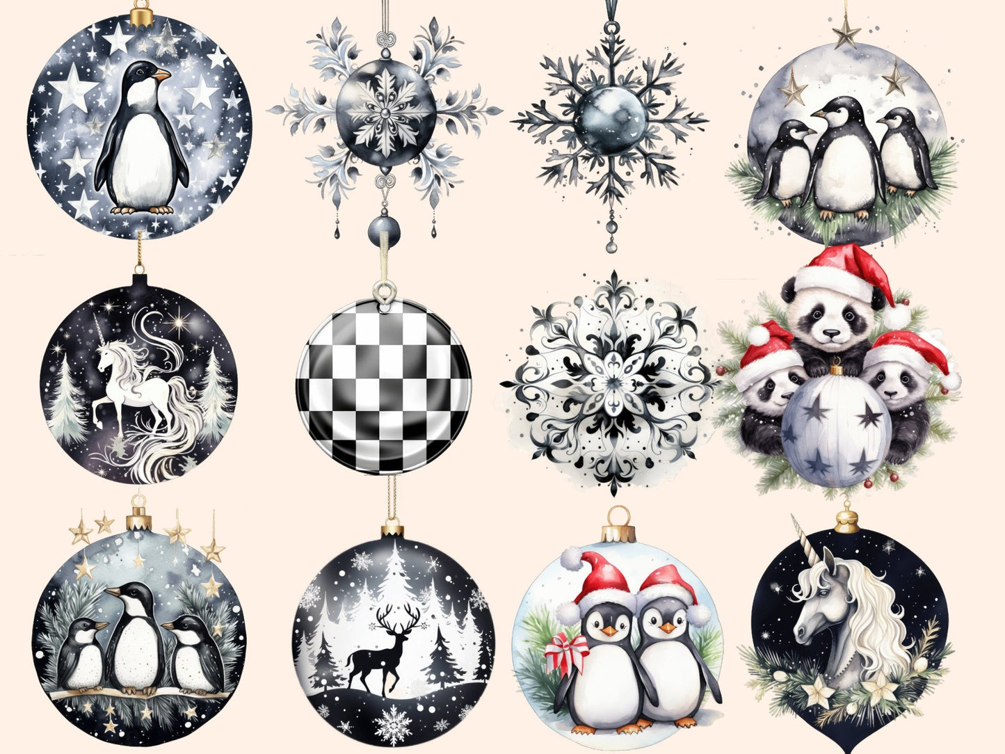 White & Black Christmas Ornaments Watercolor Clipart - High - Quality Instant Digital Download for Creative Projects