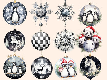 White & Black Christmas Ornaments Watercolor Clipart black and white xmas - Wonders Artist
