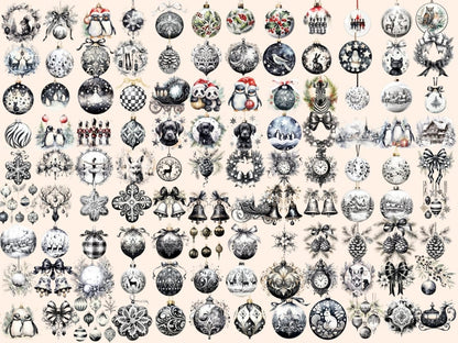 White & Black Christmas Ornaments Watercolor Clipart black and white xmas - Wonders Artist