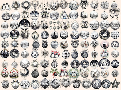 White & Black Christmas Ornaments Watercolor Clipart black and white xmas - Wonders Artist