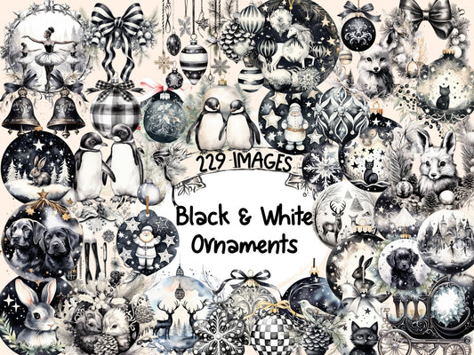 White & Black Christmas Ornaments Watercolor Clipart - High - Quality Instant Digital Download for Creative Projects