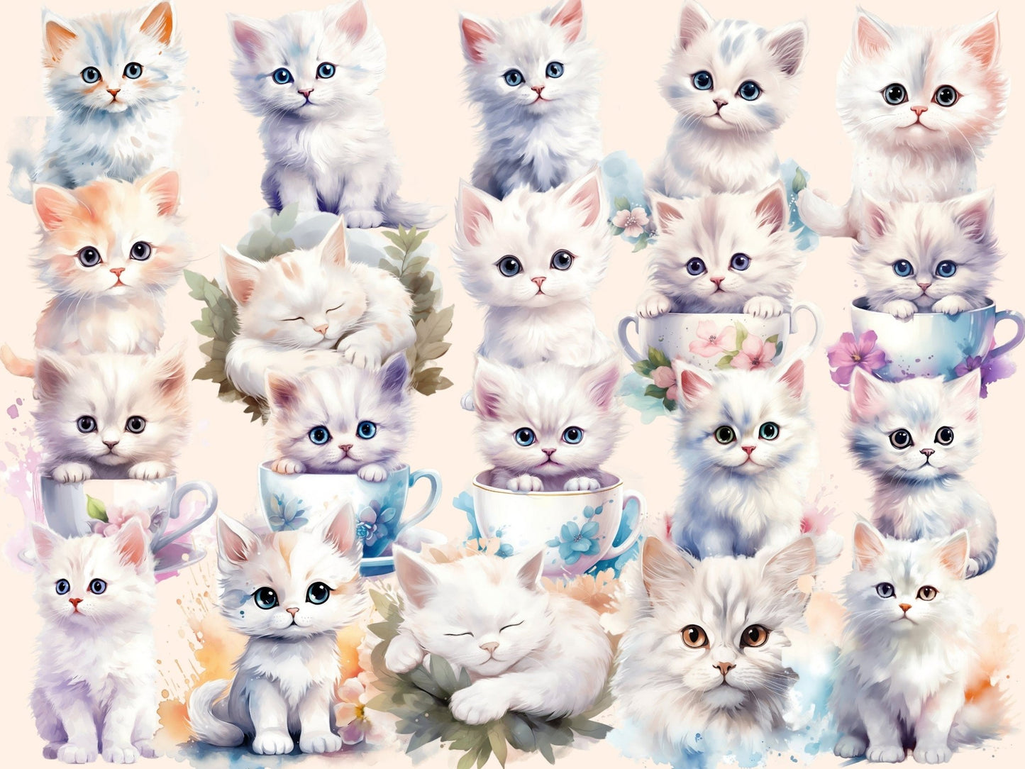 White Cats Watercolor Clipart - High - Quality Instant Digital Download for Creative Projects