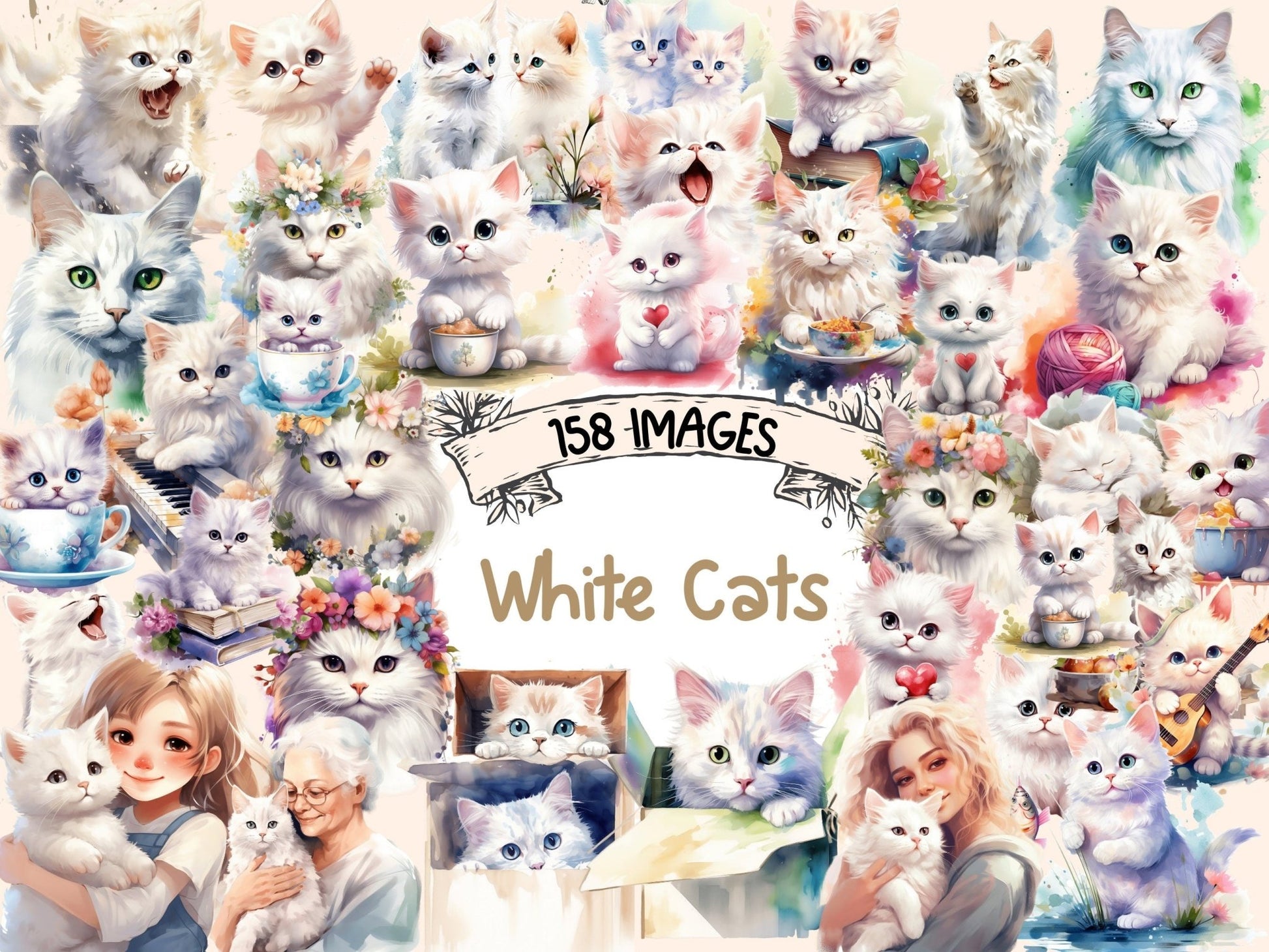 White Cats Watercolor Clipart - High - Quality Instant Digital Download for Creative Projects