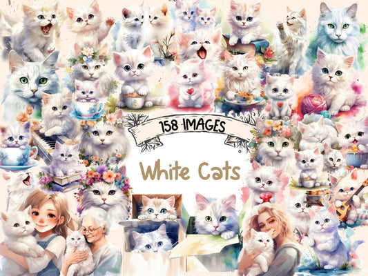 White Cats Watercolor Clipart - High - Quality Instant Digital Download for Creative Projects