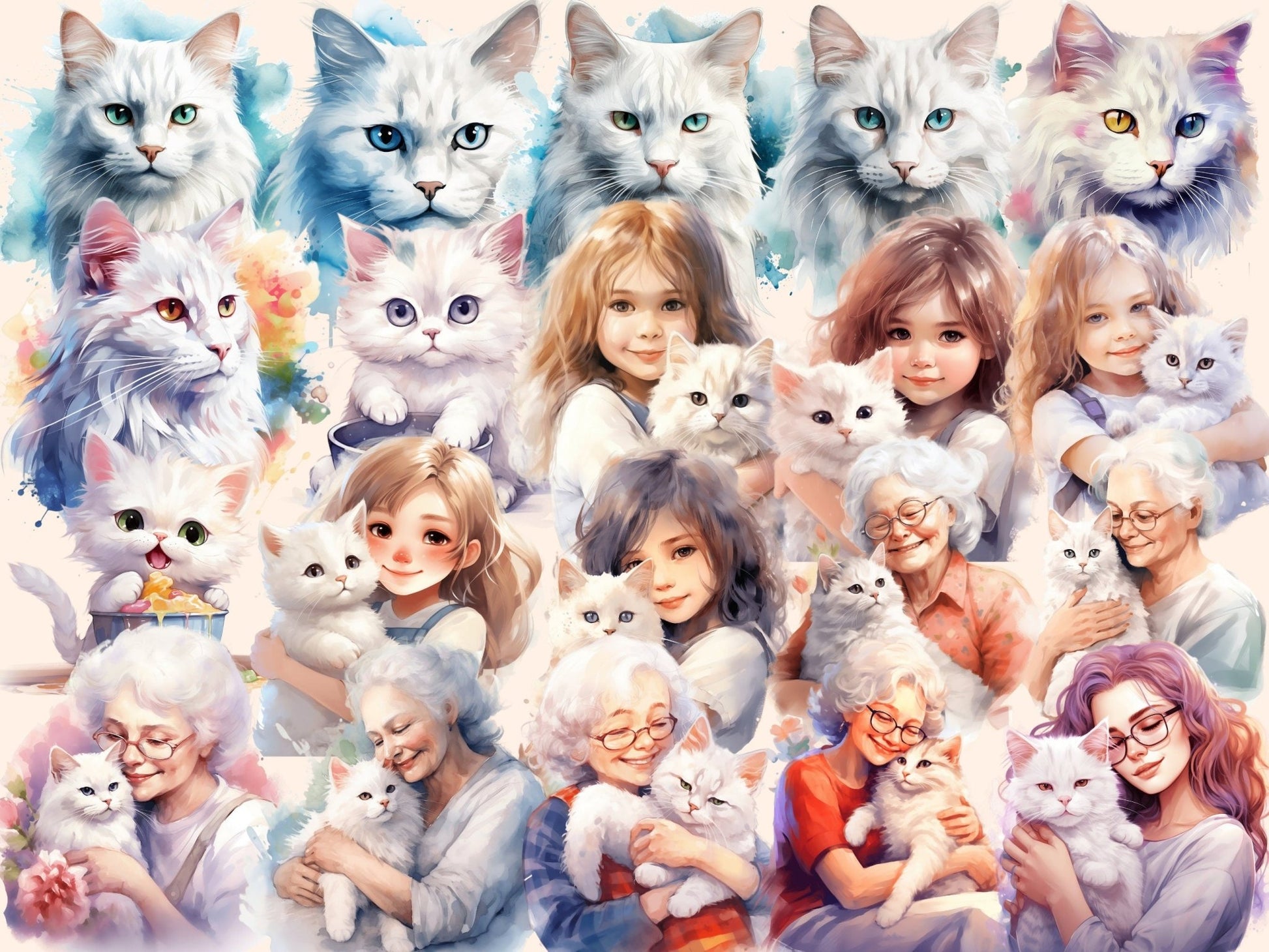 White Cats Watercolor Clipart - High - Quality Instant Digital Download for Creative Projects