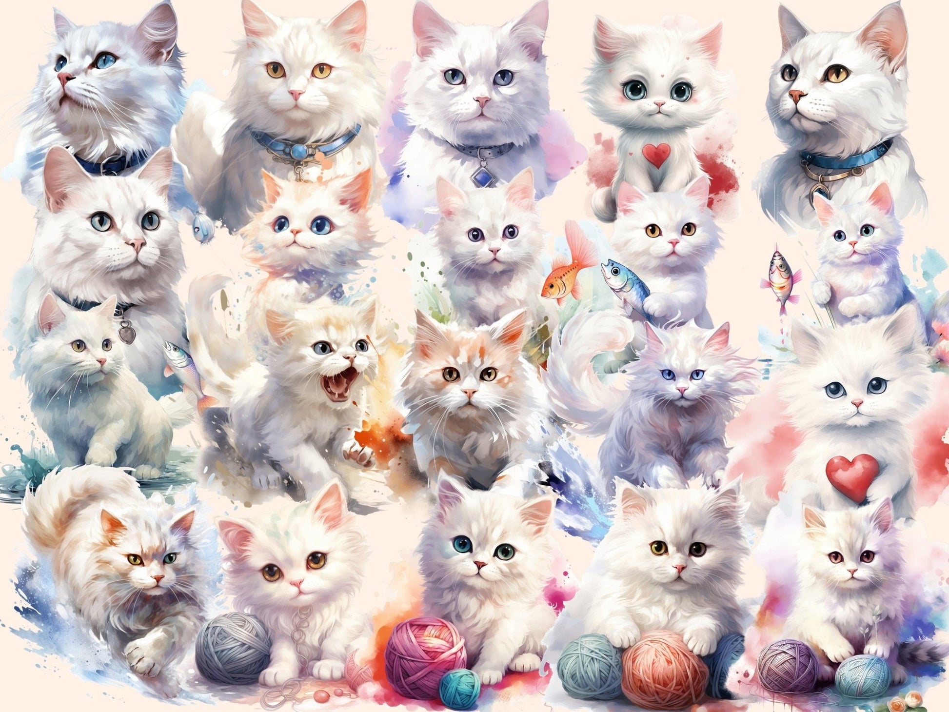 White Cats Watercolor Clipart - High - Quality Instant Digital Download for Creative Projects