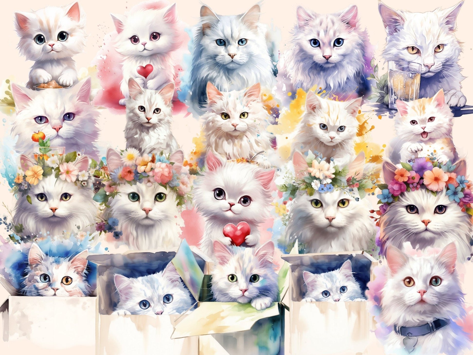 White Cats Watercolor Clipart - High - Quality Instant Digital Download for Creative Projects