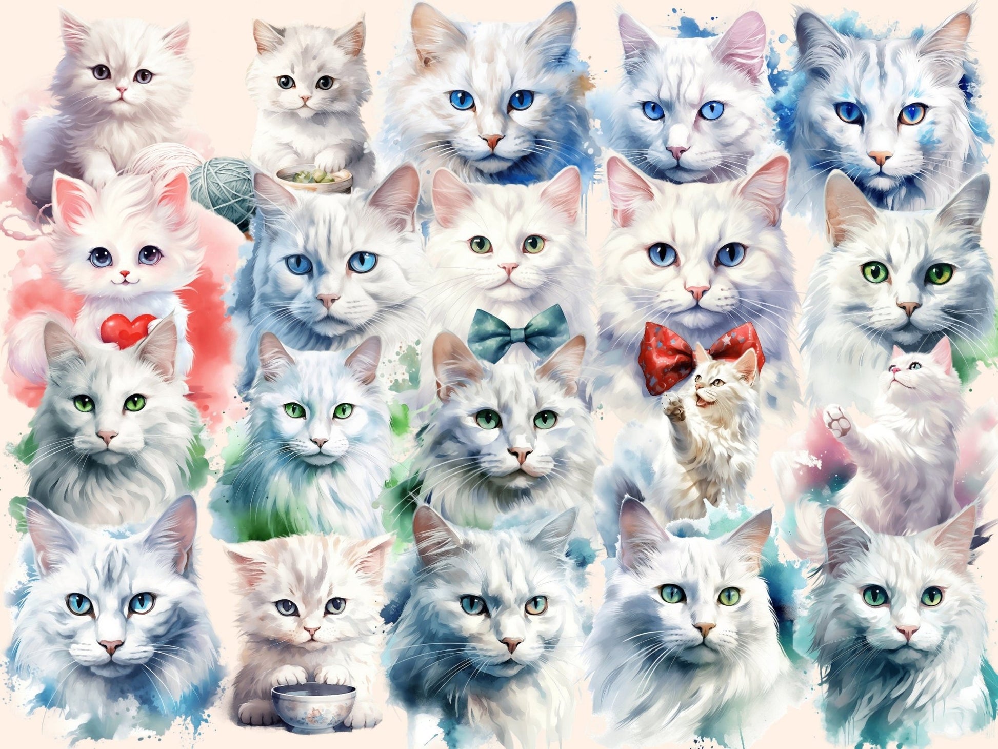 White Cats Watercolor Clipart - High - Quality Instant Digital Download for Creative Projects