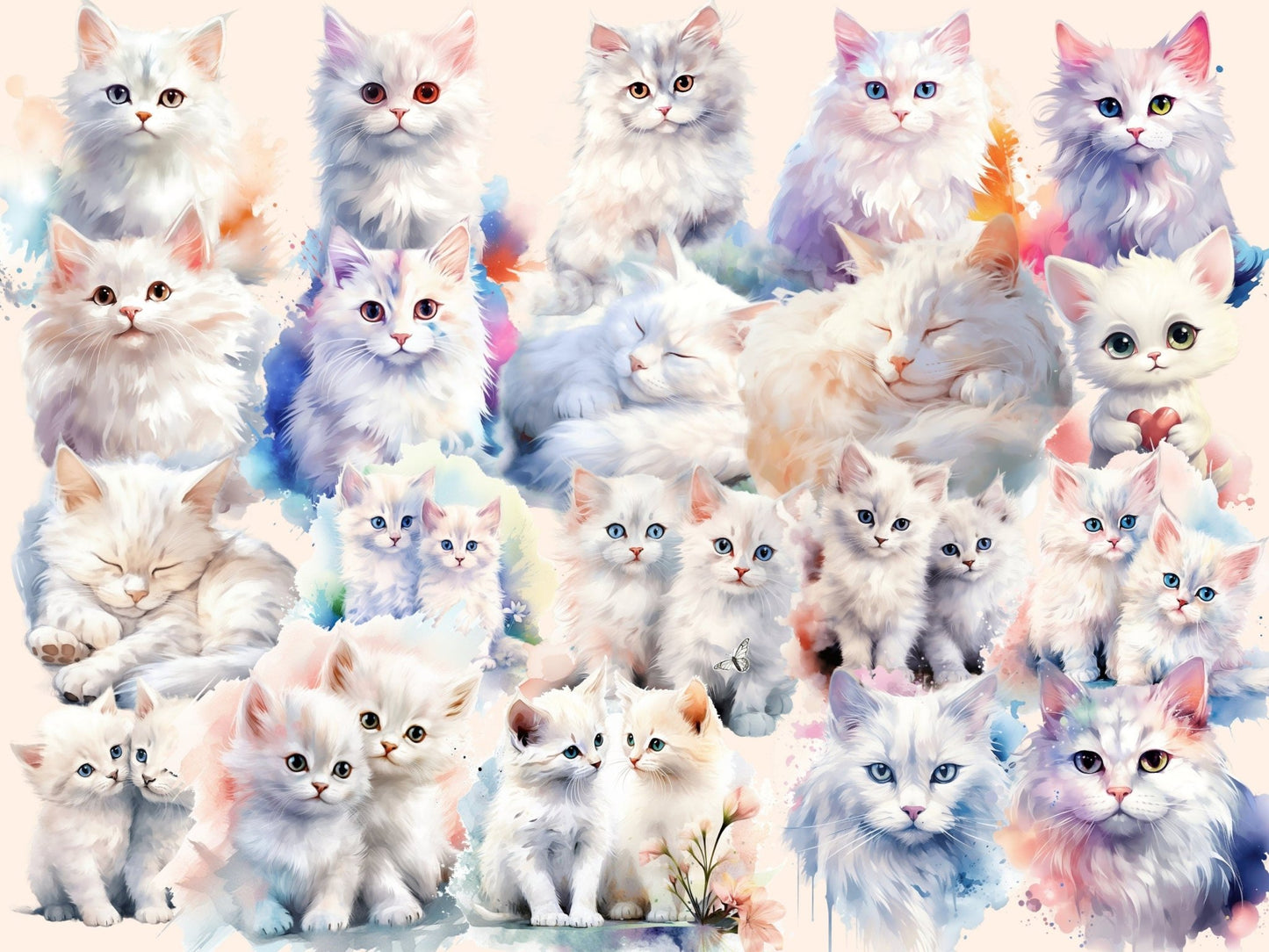 White Cats Watercolor Clipart - High - Quality Instant Digital Download for Creative Projects