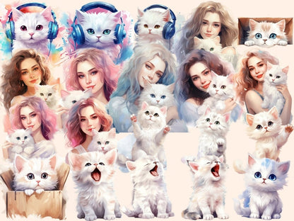 White Cats Watercolor Clipart baby cat clipart - Wonders Artist