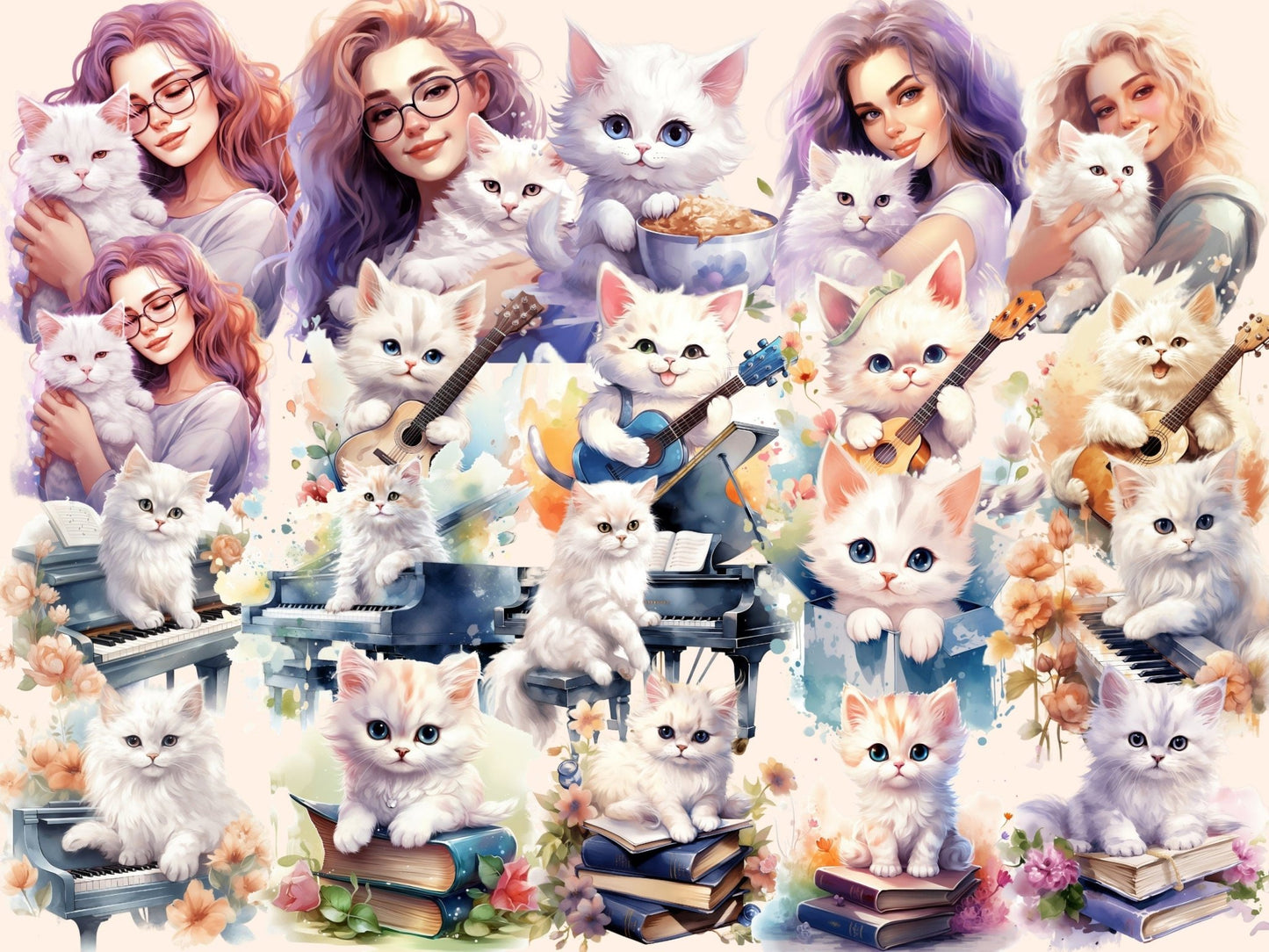 White Cats Watercolor Clipart - High - Quality Instant Digital Download for Creative Projects