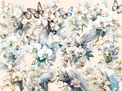 White Orchids Watercolor Clipart - High - Quality Instant Digital Download for Creative Projects