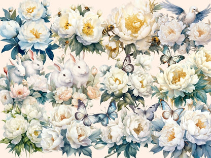 White Peonies Watercolor Clipart boho peony - Wonders Artist