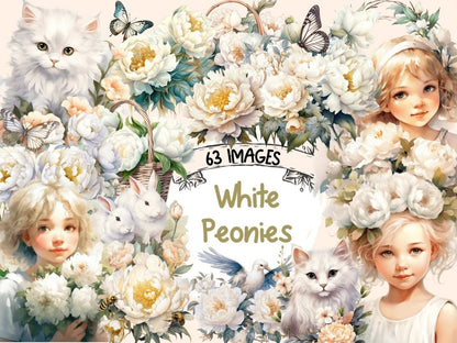 White Peonies Watercolor Clipart boho peony - Wonders Artist