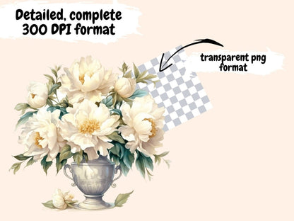 White Peonies Watercolor Clipart boho peony - Wonders Artist