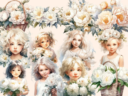 White Peonies Watercolor Clipart boho peony - Wonders Artist