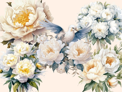 White Peonies Watercolor Clipart boho peony - Wonders Artist