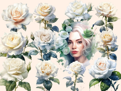White Roses Watercolor Clipart - High - Quality Instant Digital Download for Creative Projects