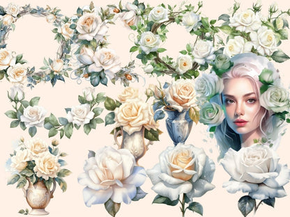 White Roses Watercolor Clipart - High - Quality Instant Digital Download for Creative Projects