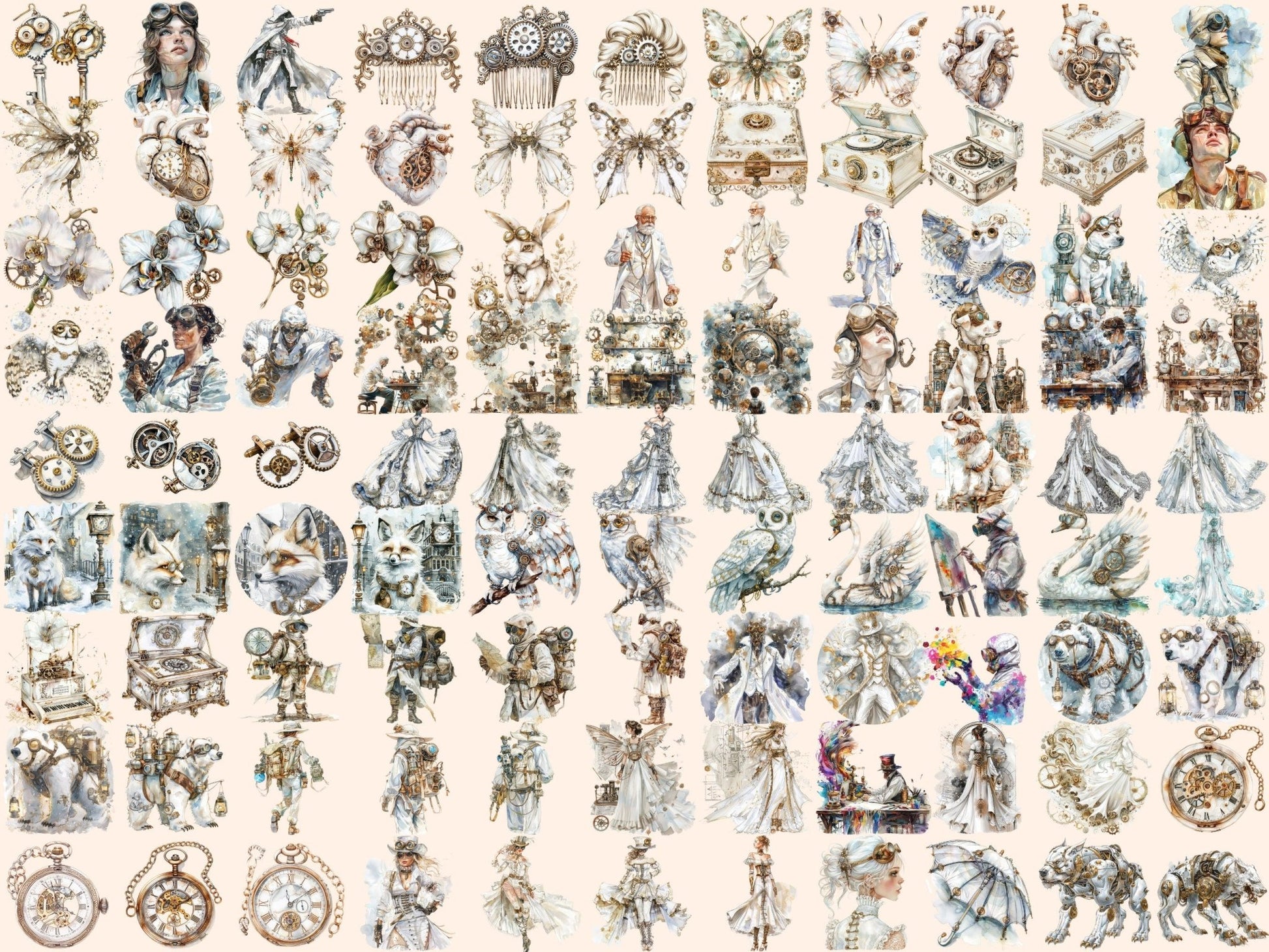 White Steampunk Watercolor Clipart - High - Quality Instant Digital Download for Creative Projects