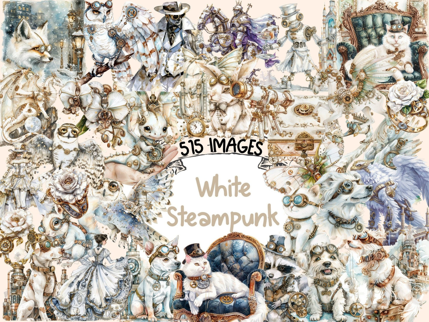 White Steampunk Watercolor Clipart - High - Quality Instant Digital Download for Creative Projects